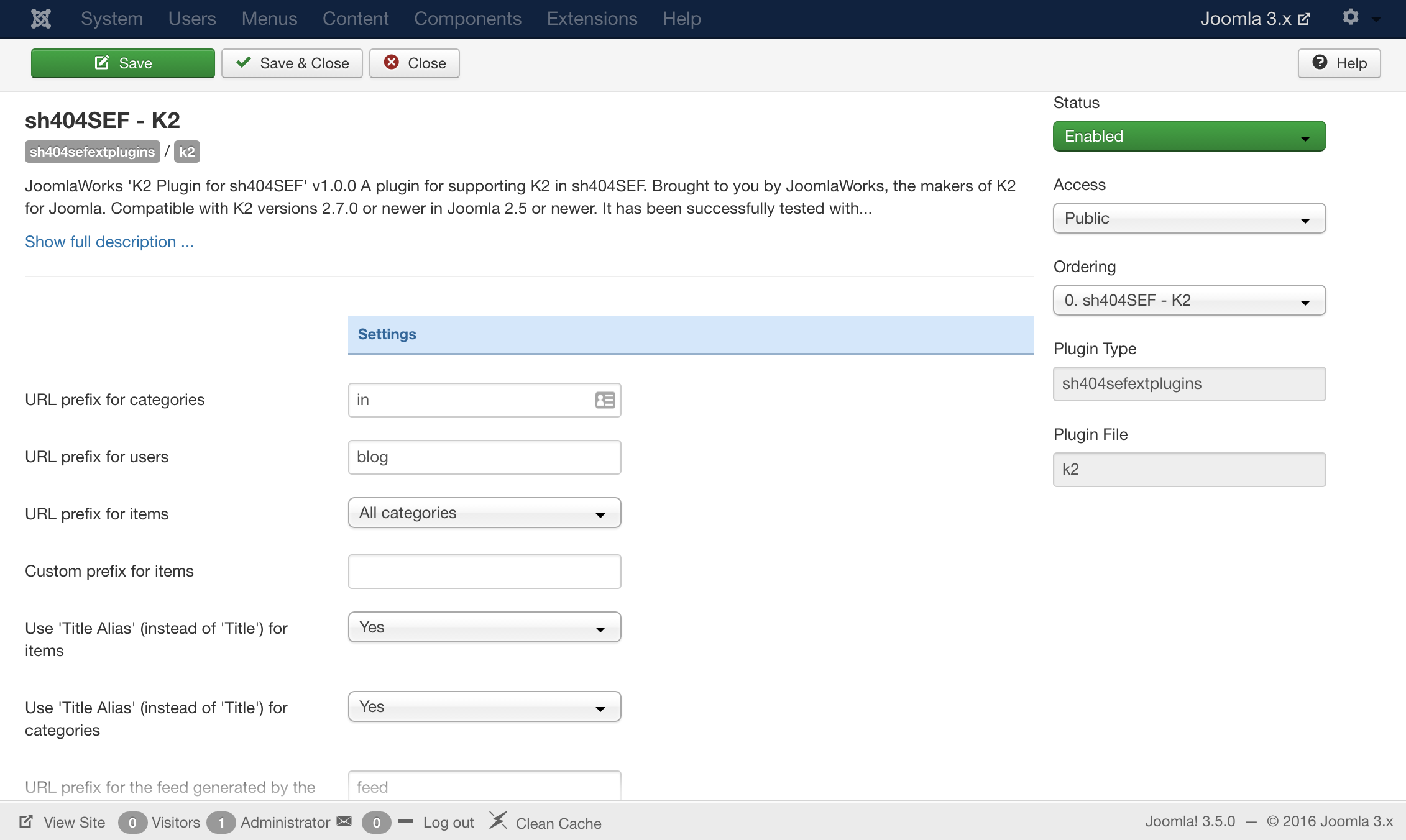 k2 plugin for sh404sef backend